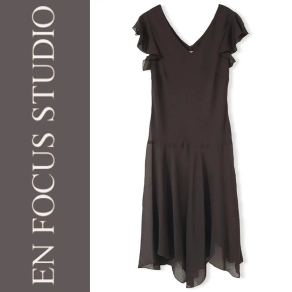 EN FOCUS Chocolate Brown Chiffon Y2k Midi Dress, Handkerchief Hem, Lined, 14 - Picture 2 of 14